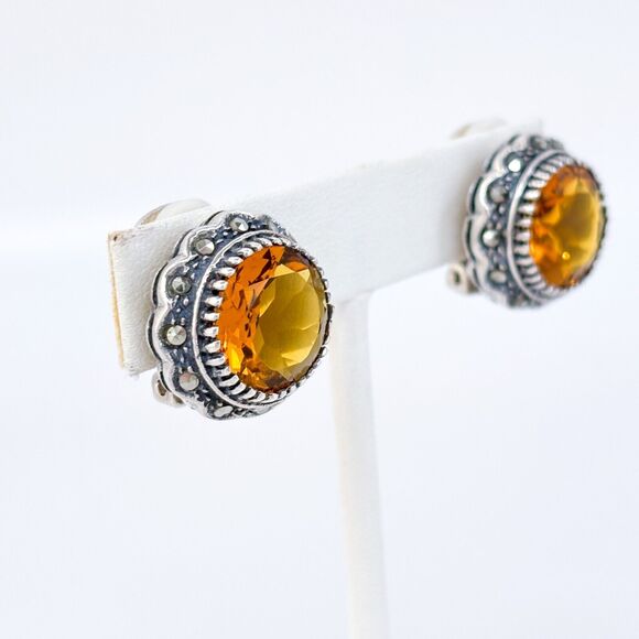 Vintage Sterling Silver 925 Yellow Glass & Marcasite Clip-on Earrings - Picture 3 of 7